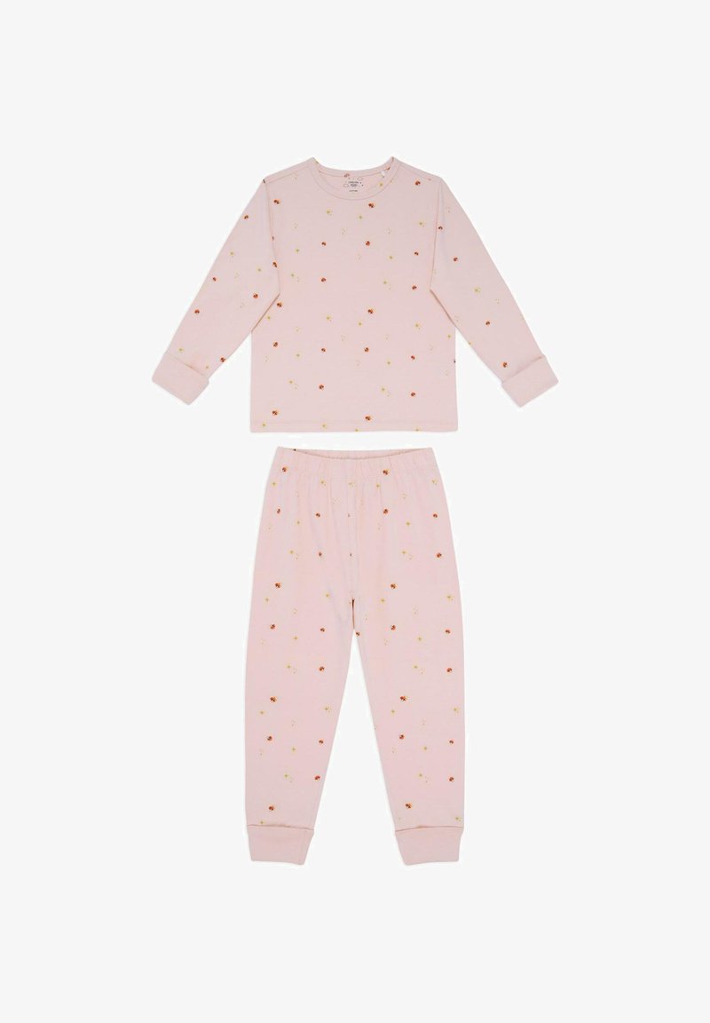 Jasnoróżowy komplet piżamowy z długim rękawem, składający się z bluzki i spodni, ozdobiony małymi nadrukami kwiatów i gwiazd. Miękka tkanina, elastyczny pas w spodniach.