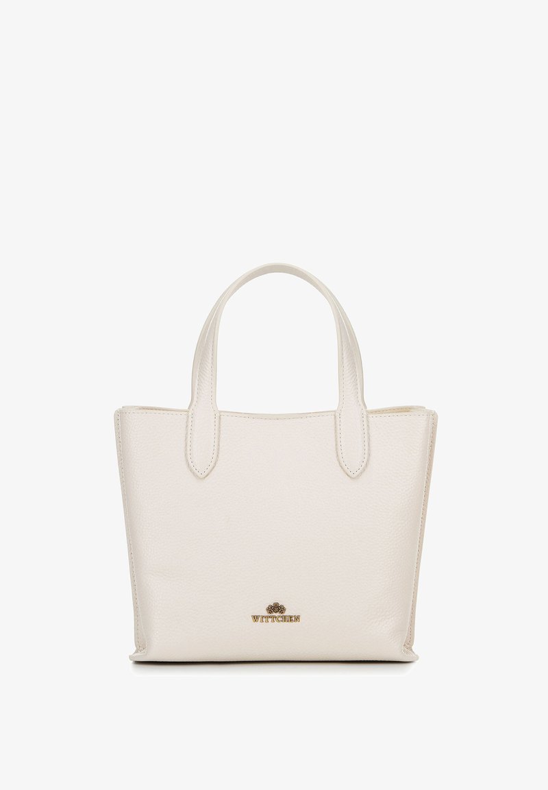 Sac fourre-tout en cuir blanc avec deux poignées, finition texturée, forme rectangulaire et logo "Wittchen" en métal doré à l'avant.
