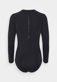 Black long-sleeve bodysuit made of stretchy material, featuring a high neckline and a rear zipper closure. Smooth texture with no patterns.