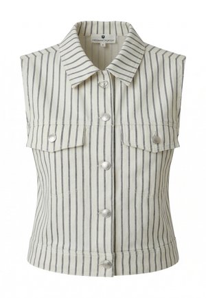 Mouwloos wit shirt met dunne verticale zwarte strepen, twee borstzakken met klep, zilverkleurige knopen aan de voorkant, kraagmodel, maat small.