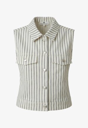 Mouwloos wit shirt met dunne verticale zwarte strepen, twee borstzakken met klep, zilverkleurige knopen aan de voorkant, kraagmodel, maat small.