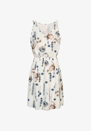 Mouwloze jurk met bloemenprint in witte stof, voorzien van blauwe en bruine bloemen, een elastische tailleband en decoratieve knopen aan de voorkant.