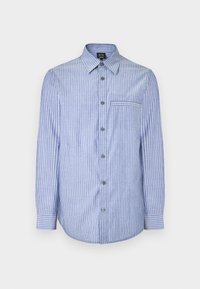 Ανοιχτό μπλε πουκάμισο με μακριά μανίκια, κουμπί και λευκές κατακόρυφες ρίγες, τσέπη στο στήθος και αιχμηρός γιακάς.