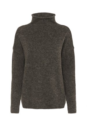 Dark gray turtleneck sweater made of soft knit material, featuring long sleeves and a relaxed fit with a subtle texture.
