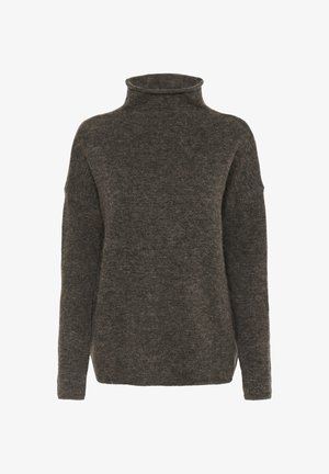 Pull col roulé gris foncé en maille douce, doté de manches longues et d'une coupe décontractée avec une texture subtile.