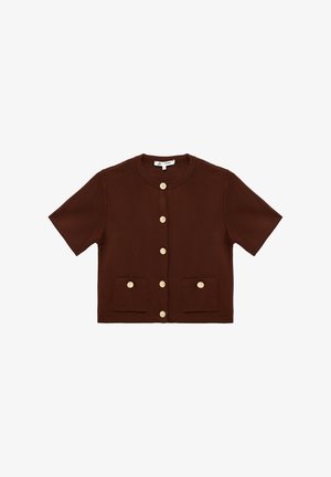Bruine kortemouwen gebreide cardigan met ronde hals, zes knopen aan de voorkant en twee opgestikte zakken met knopen ter hoogte van de taille.
