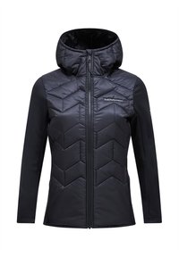 Black insulated jacket with chevron quilted pattern on the front and a smooth fabric on the sleeves; features a hood and a full zipper.
