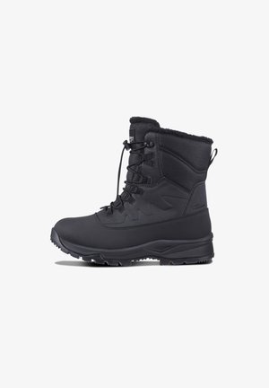 Schwarze Winterstiefel mit einer wasserfesten Außenseite, strukturierten Materialien, isoliertem Kragen und einer robusten Sohle für besseren Halt.