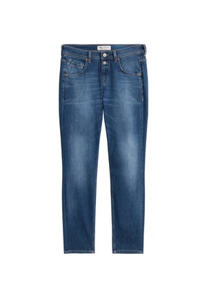 Jean en denim bleu foncé à coupe slim, doté d'une fermeture à boutons, d'un design à cinq poches et d'un léger effet délavé sur le tissu pour la texture.