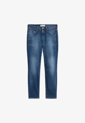 Dark blue denim jeans with a slim fit, featuring a button closure, five-pocket design, and slight fading in the fabric for texture.