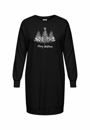 Sort sweatshirtdress med lange ærmer, der har et sølvglitrende juletrædesign og teksten "Glædelig Jul" nedenfor.