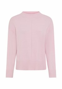 Rosa Pullover mit einem hohen, gerippten Kragen, angesetzten Schultern und gerippten Bündchen. Hergestellt aus einem weichen Strickstoff. Rechteckige Silhouette.