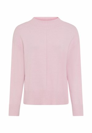 Pink sweater with a high ribbed neckline, dropped shoulders, and ribbed cuffs. Made from a soft knit fabric. Rectangular silhouette.