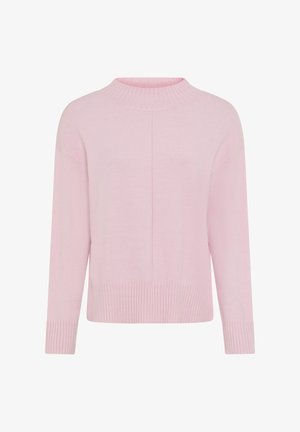 Roze trui met een hoge geribde hals, doorgestikte schouders en geribde manchetten. Gemaakt van een zachte gebreide stof. Rechthoekig silhouet.