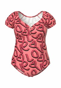 Enbitar i rosa med en glansig yta, med ett svart hjärtformigt mönster. Puffärmar och en djup V-ringning med knäppning fram.