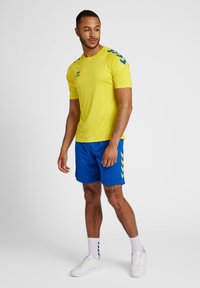 Herraktivitetskläder: ljusgul kortärmad skjorta med blå detaljer och logotyp, ihop med blå shorts med gul zigzag-mönster. Vita sneakers.