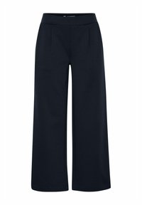 Pantaloni a gamba larga in tessuto blu scuro, con una cintura liscia e pieghe frontali. Il design mette in risalto una silhouette rilassata e una finitura sartoriale.