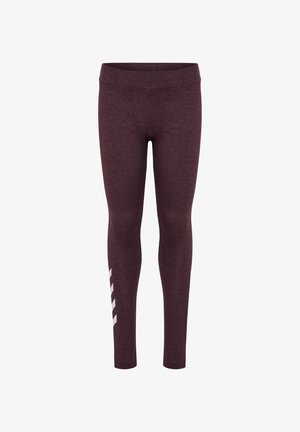 Bordeauxfarbene Leggings aus strukturiertem Stoff, mit einem hohen Bund und einem weißen diagonalen Streifenakzent an der unteren linken Wade.