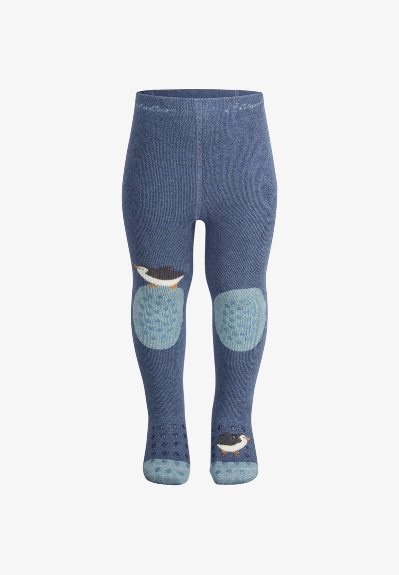 Blaue gestrickte Strumpfhosen mit einem Vogelmotiv auf den Knien und einer strukturierten Sohle mit Griffpunkten. Glattes Material mit gerippten Details.