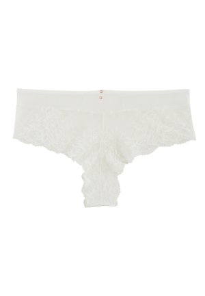 Culotte hipster pour femme en dentelle blanche avec motif floral et bords festonnés, ornée de deux petits boutons décoratifs en or rose au centre de la ceinture.