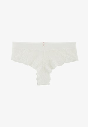 Culotte hipster pour femme en dentelle blanche avec motif floral et bords festonnés, ornée de deux petits boutons décoratifs en or rose au centre de la ceinture.