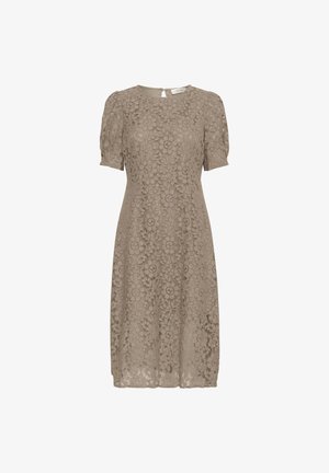 Taube színű csipkeblúz puffos ujjakkal, kerek nyakkivágással és virágos mintával. Rejtett hátsó cipzárral és térd alatti sziluettel rendelkezik.