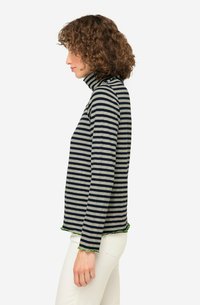 Sweter z golfem w paski w odcieniach szaro-niebieskich z falbaniastym zielonym wykończeniem, dopasowany krój, wykonany z miękkiego materiału. Sylwetka pokazuje profil boczny.