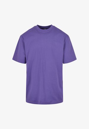 T-shirt uni violet à manches courtes avec col rond et coupe décontractée, présenté sur fond blanc.