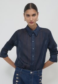 Blusa trasparente blu navy con righe verticali, chiusura a bottoni sul fronte e colletto classico. Maniche arrotolate e tessuto leggero con una texture liscia.