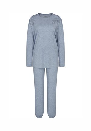 Set di abbigliamento da casa grigio realizzato in tessuto morbido. Maglia a maniche lunghe con ricamo floreale su una spalla e pantaloni abbinati con vita elasticizzata.