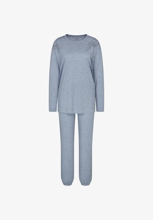 Harmaa vapaa-ajanjoustava asu, joka on valmistettu pehmeästä kankaasta. Pitkähihaisessa paidassa on kukkakirjontaa yhdellä olkapäällä ja vastaavat elastiset housut.