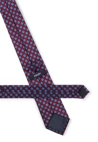 Burgunderfarbige Krawatte mit blauen Punkten, strukturierter Stoff und einem Etikett mit der Aufschrift "JOOP!" in Schwarz. Die Enden sind spitz und haben ein glattes Finish.