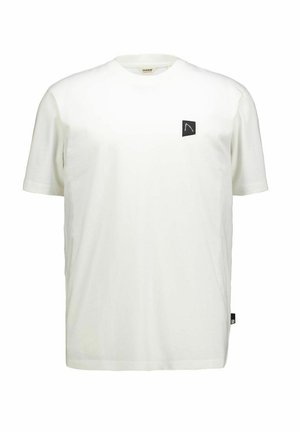 Witte T-shirt met korte mouwen en ronde hals, met een klein zwart vierkant logo op de linkerborst en een zwart label in de zijnaad.