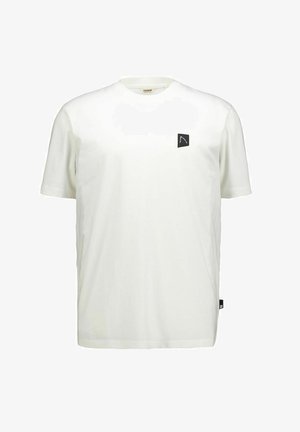 Witte T-shirt met korte mouwen en ronde hals, met een klein zwart vierkant logo op de linkerborst en een zwart label in de zijnaad.
