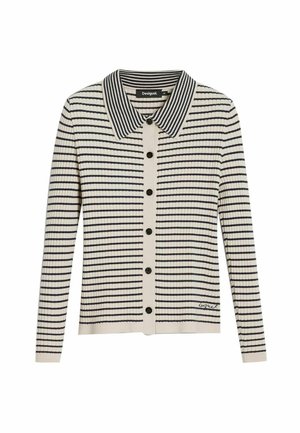 Striped cardigan with a collared neckline, featuring vertical black and cream stripes, button closure, and ribbed cuffs.