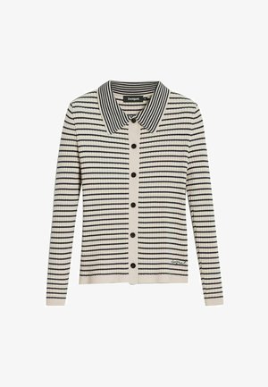 Gestreifter Cardigan mit einem kragenartigen Ausschnitt, der vertikale schwarze und cremefarbene Streifen aufweist, mit Knopfverschluss und gerippten Bündchen.