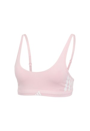 Lichtroze Adidas sportbeha met dunne verstelbare bandjes en een witte drie-strepen logo op de zijkanten en de voorkant.