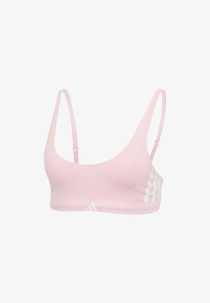 Hellrosanes Adidas-Sport-BH mit dünnen verstellbaren Trägern und weißem Drei-Streifen-Logo an den Seiten und dem vorderen Bund.