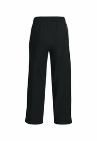 Black, lightweight pants with a wide-leg design and an elastic waistband. Features subtle side accents and a smooth texture.