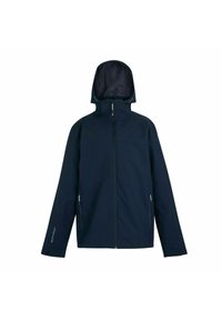 Veste imperméable bleu marine avec capuche, fermeture éclair intégrale à l'avant, deux poches latérales zippées et poignets ajustables.