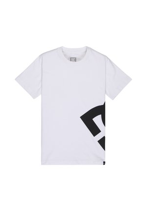 Biały bawełniany T-shirt z dużym czarnym nadrukiem logo na dolnej części przodu, krótkimi rękawami i okrągłym dekoltem.