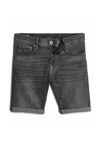 Grijze denim shorts met opgerolde zomen, steekzakken aan de voorkant, ritssluiting en knoopsluiting. Glad textuur met subtiel verveeld patroon.