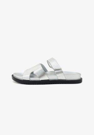 Silver metallic open-toe sandal with two wide straps and a Velcro ankle strap on a flat black rubber sole.