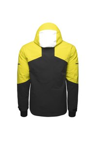 Schwarze und fluoreszierend gelbe Jacke mit Kapuze, ausgestattet mit einem Farbblockdesign und verstellbaren Bündchen. Strukturierter Stoff mit wasserdichten Eigenschaften.