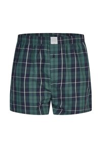 Groen en marineblauw geruite herenboxershorts met elastische tailleband en enkele knoop aan de voorkant.