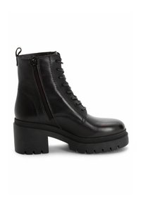 Bottine en cuir noir avec talon bloc épais, fermeture éclair latérale, lacets à l'avant et semelle à crampons.