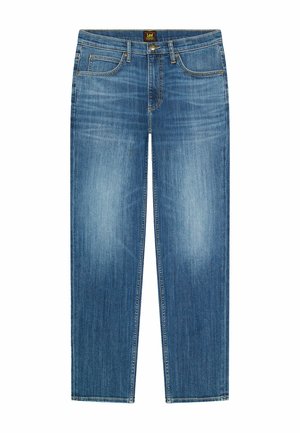 Jeans azules de pierna recta con frente desteñido, diseño de cinco bolsillos, cierre con botón y cremallera, y etiqueta de la marca Lee en la pretina.