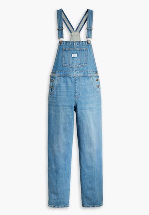Lichte blauwe denim tuinbroeken met verstelbare schouderbanden, een voork pocket en vijf knopen aan elke kant. Gladde textuur met rechte pijpen.