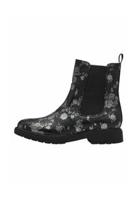Botines negros con un patrón floral, que presentan paneles laterales elásticos, una tira de agarre en la parte posterior y una suela de goma texturizada para mayor adherencia.