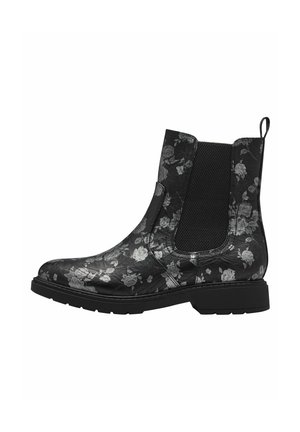 Schwarze Knöchelstiefel mit floralem Muster, mit elastischen seitlichen Einsätzen, einer Zuglasche und einer strukturierten Gummisohle für besseren Halt.
